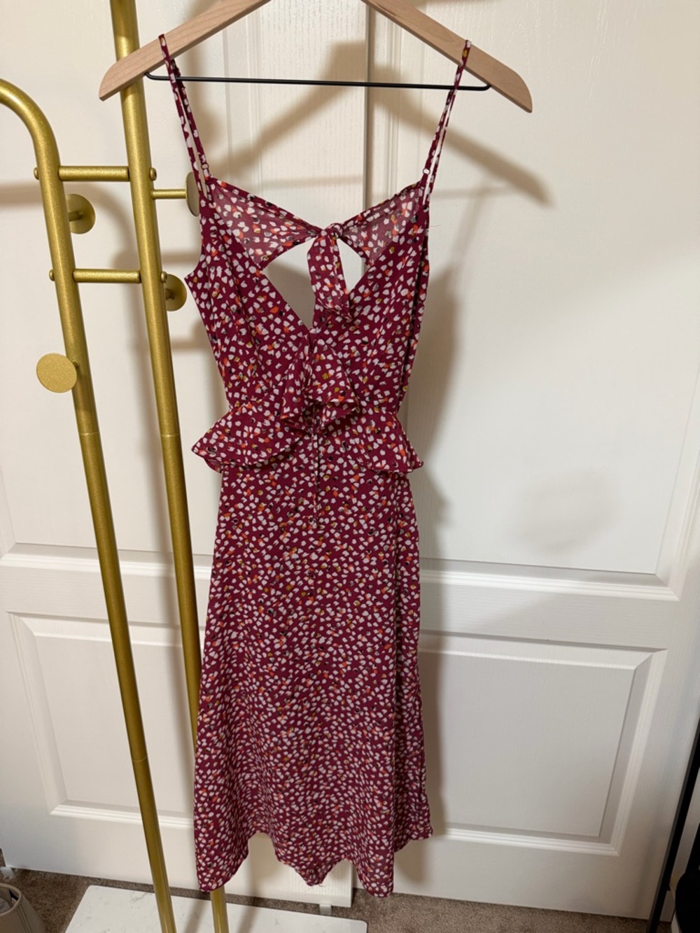 Blue Rain Burgundy Floral Tie-Back Peplum Midi Dress